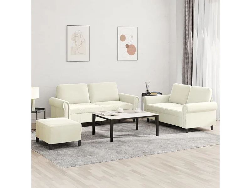 Set divano 3 pezzi con cuscini in velluto crema