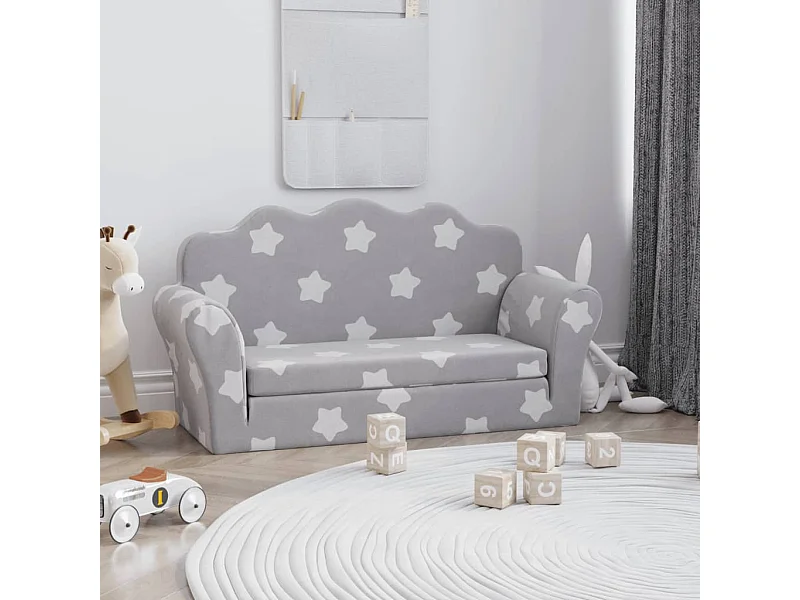 Canapé-lit enfant 2 places gris clair étoiles peluche douce