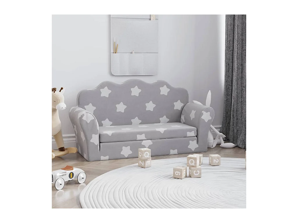 Canapé-lit enfant 2 places gris clair étoiles peluche douce