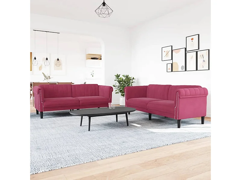 Conjunto de sofá de 2 piezas en terciopelo rojo burdeos