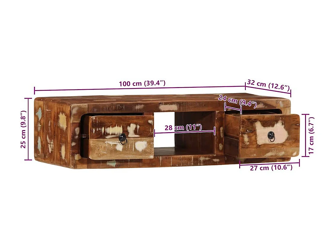 Meuble TV mural 100x32x25 cm bois massif de récupération