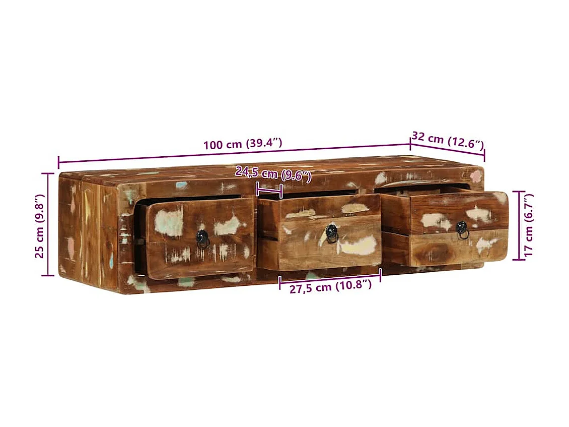 Meuble TV mural 100x32x25 cm bois massif de récupération