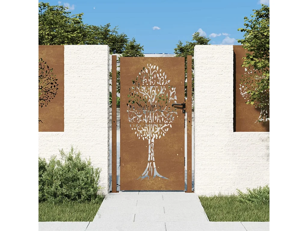 Cancello da giardino 105x180 cm acciaio corten disegno albero