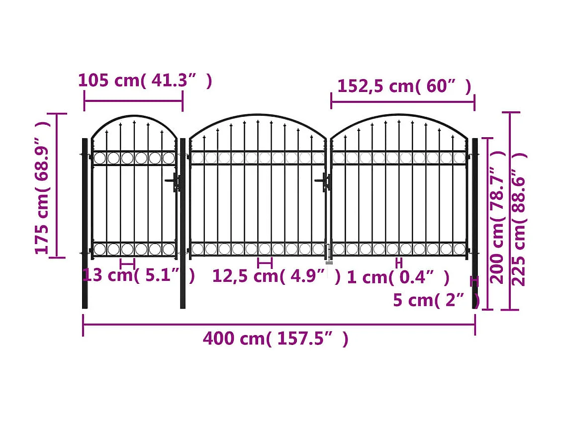 Portão de jardim com topo arqueado em aço 2,25 x 4 m preto