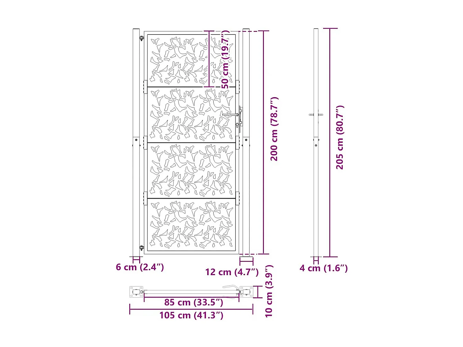 Portail de jardin noir 105x205 cm acier conception de feuilles