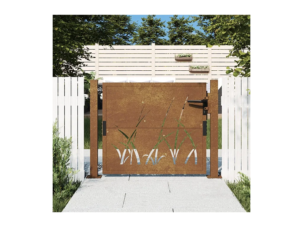 Portail de jardin 105x105 cm acier corten conception d'herbe