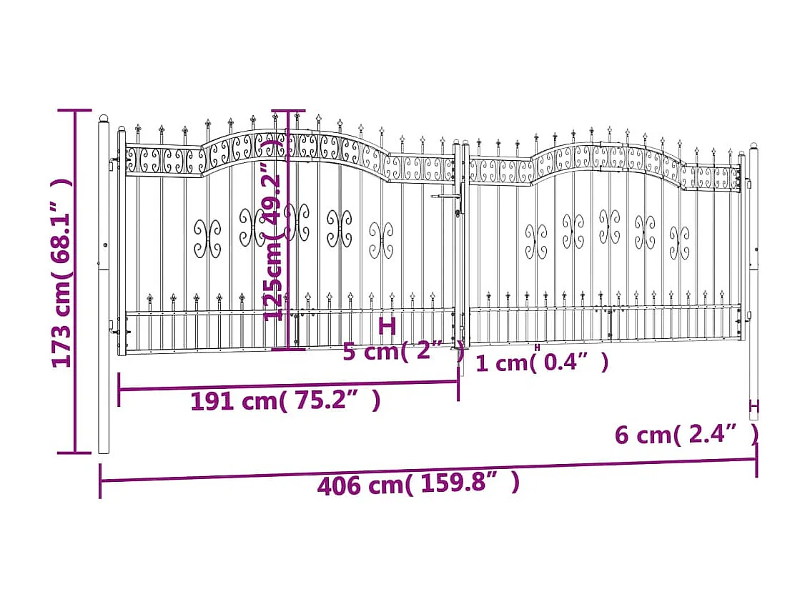 Portail et sommet de lance Noir 406x173 cm Acier enduit poudre