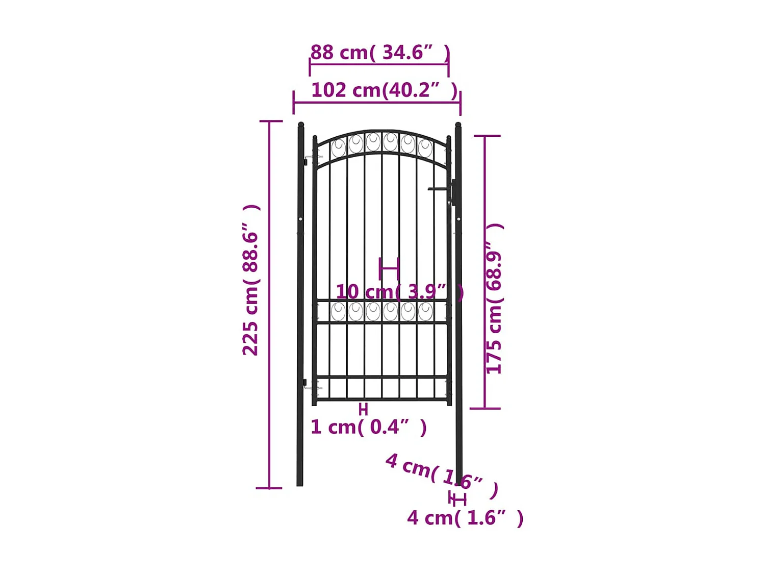 Cancello recinzione con parte superiore arcuata Acciaio 100x175 cm Nero