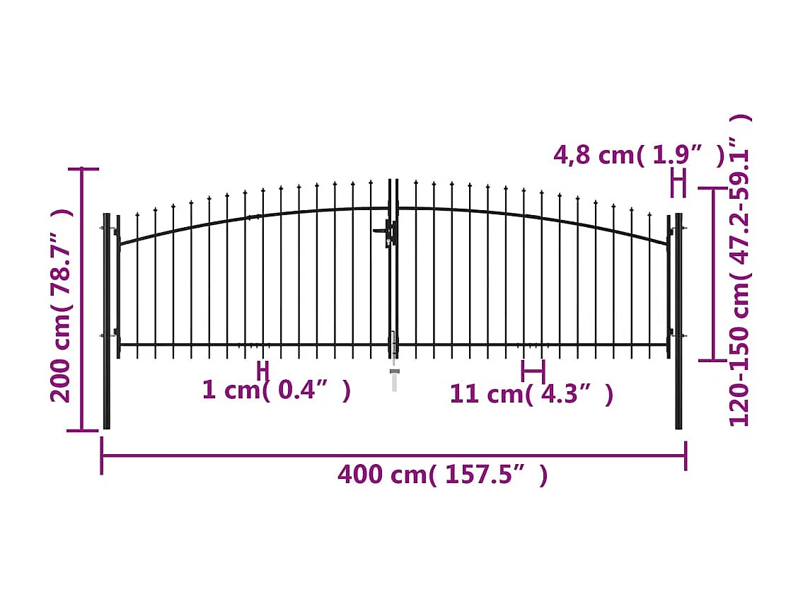 Double portail avec haut sous forme de lance 400 x 200 cm