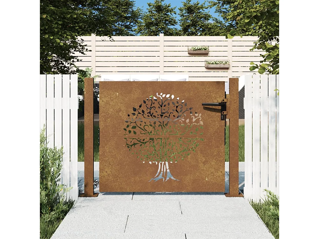 Cancello da giardino 105x80 cm acciaio corten disegno albero