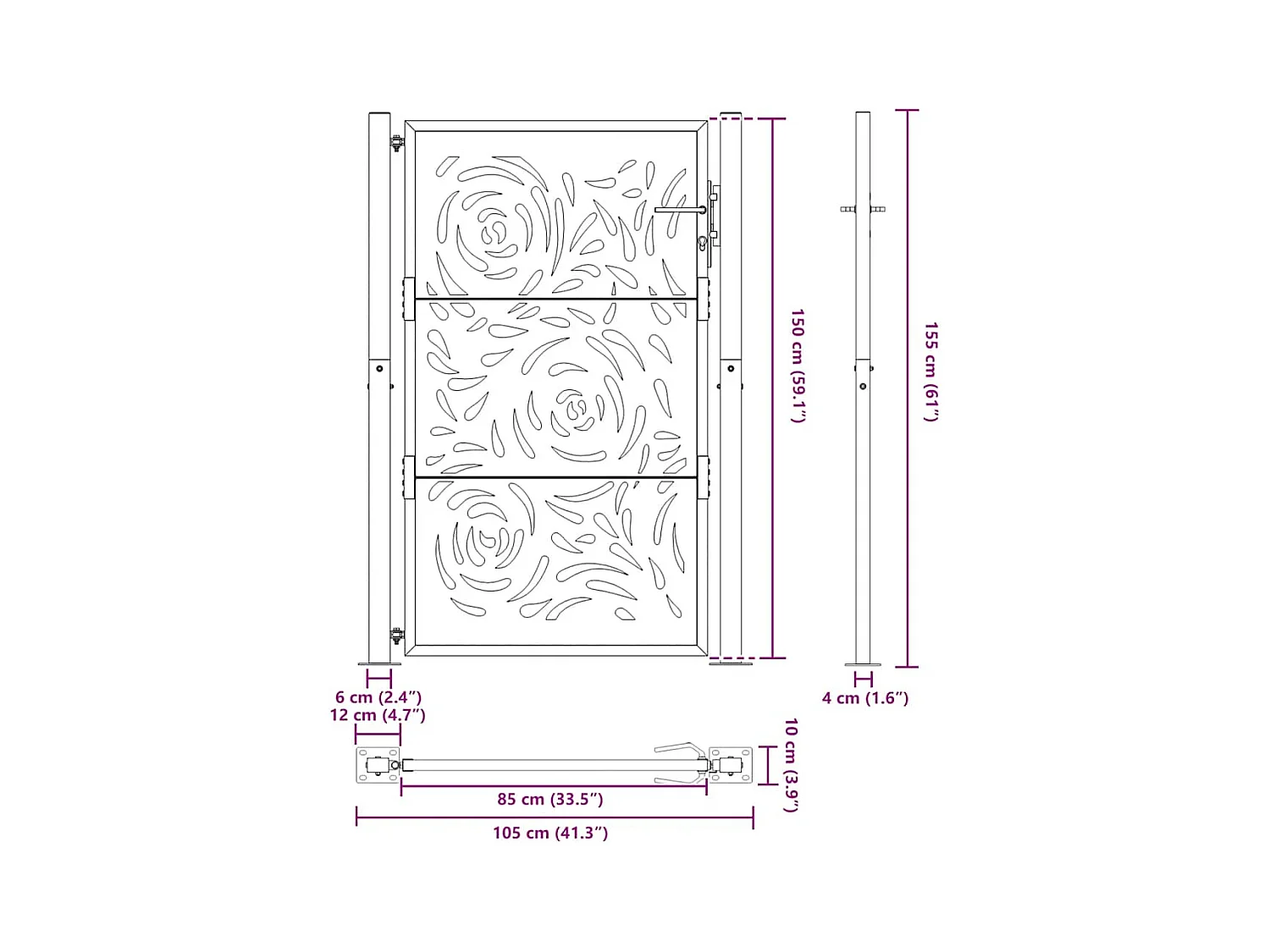 Puerta de jardín negra 105x155 cm acero diseño llama