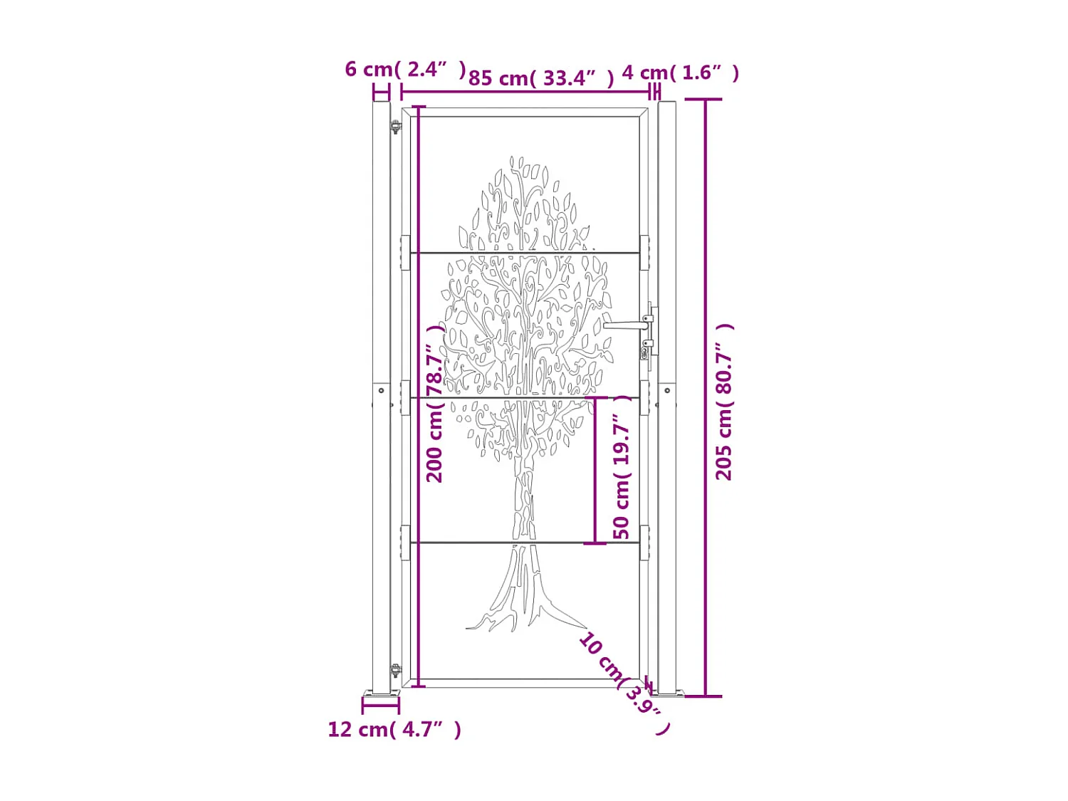 Antraciet tuinpoort 105x205cm stalen boom design