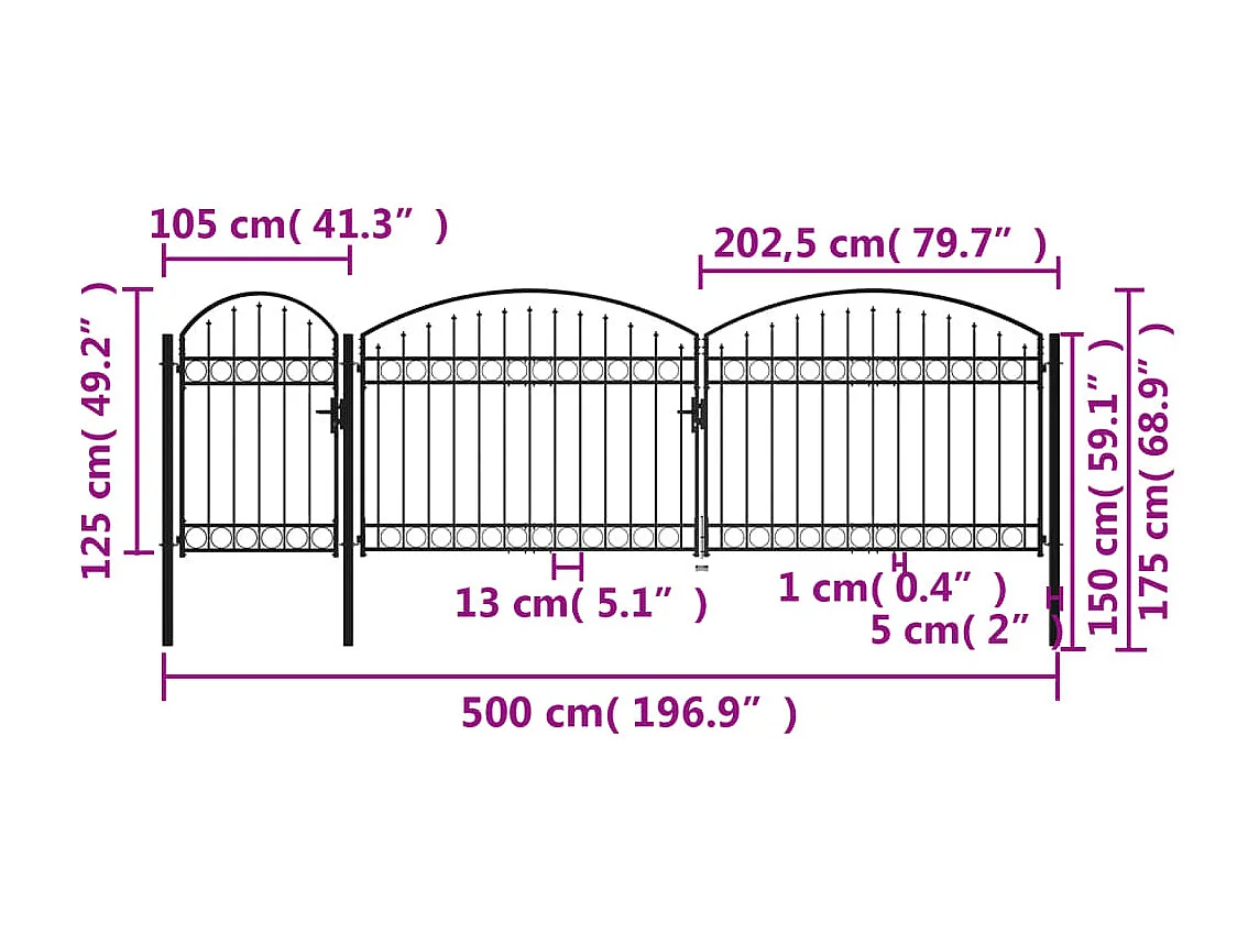 Portão de jardim com topo arqueado de aço 1,75 x 5m preto