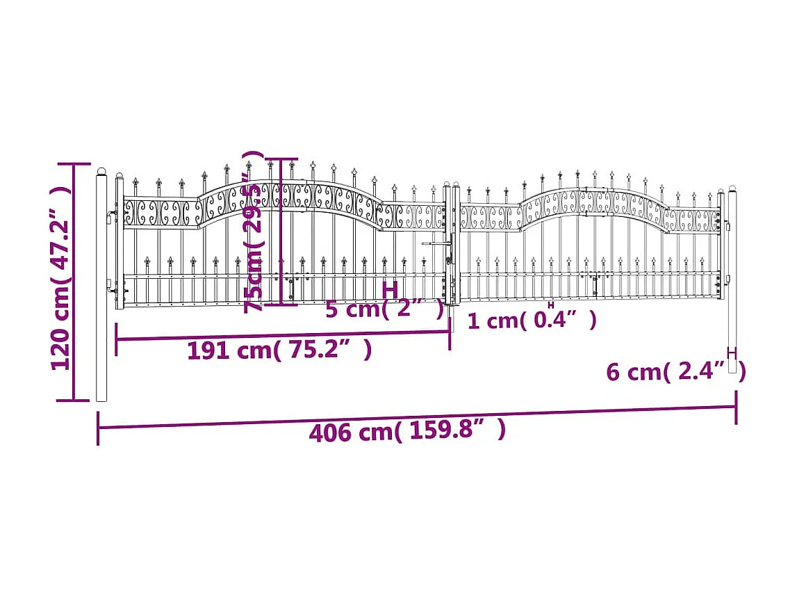 Portale e punta di lancia Nero 406x120 cm Acciaio verniciato a polvere