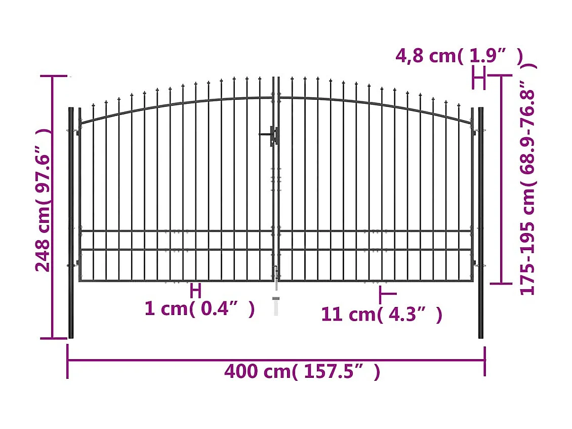 Cancello doppio con sommità a lancia 400 x 248 cm