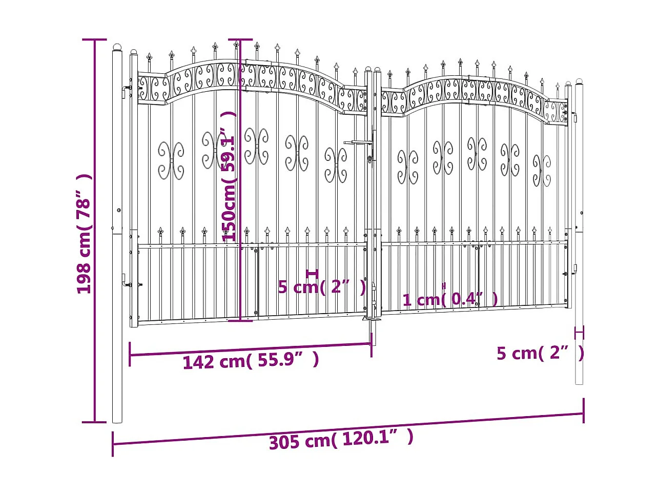 Portal e ponta de lança Preto 305x198 cm Aço com pintura eletrostática