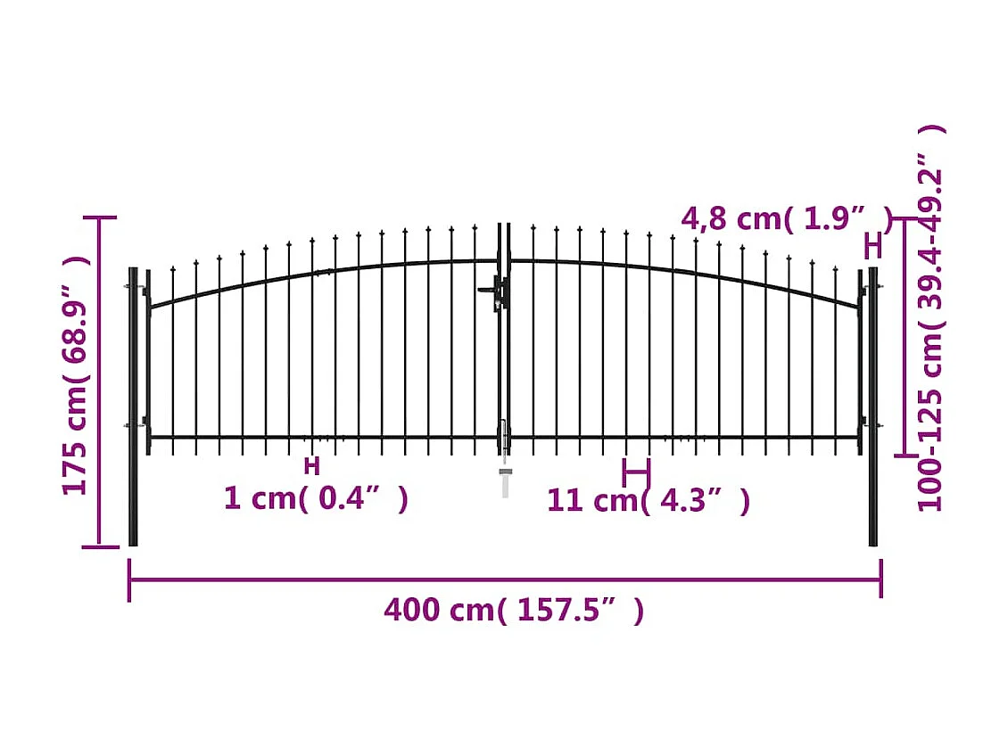 Double portail avec haut sous forme de lance 400 x 175 cm