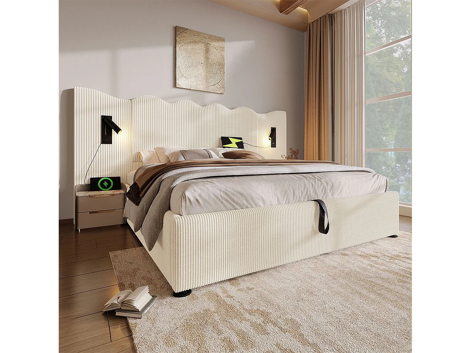 Cama com arrumação 180x200 cm, cama estofada, cama de casal com candeeiro de leitura e USB Tipo C, bege-branco, veludo cotelê, sem colchão