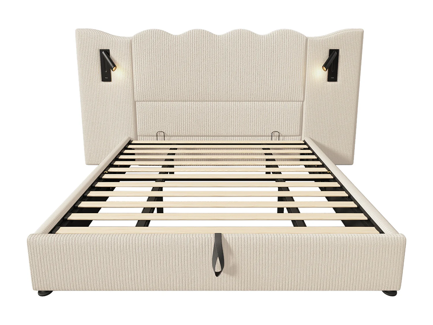 Cama com arrumação 180x200 cm, cama estofada, cama de casal com candeeiro de leitura e USB Tipo C, bege-branco, veludo cotelê, sem colchão