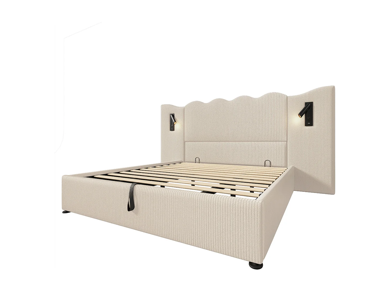 Cama com arrumação 180x200 cm, cama estofada, cama de casal com candeeiro de leitura e USB Tipo C, bege-branco, veludo cotelê, sem colchão