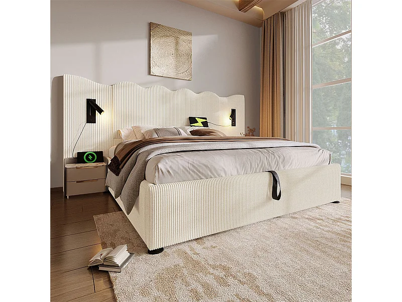 Cama com arrumação 180x200 cm, cama estofada, cama de casal com candeeiro de leitura e USB Tipo C, bege-branco, veludo cotelê, sem colchão