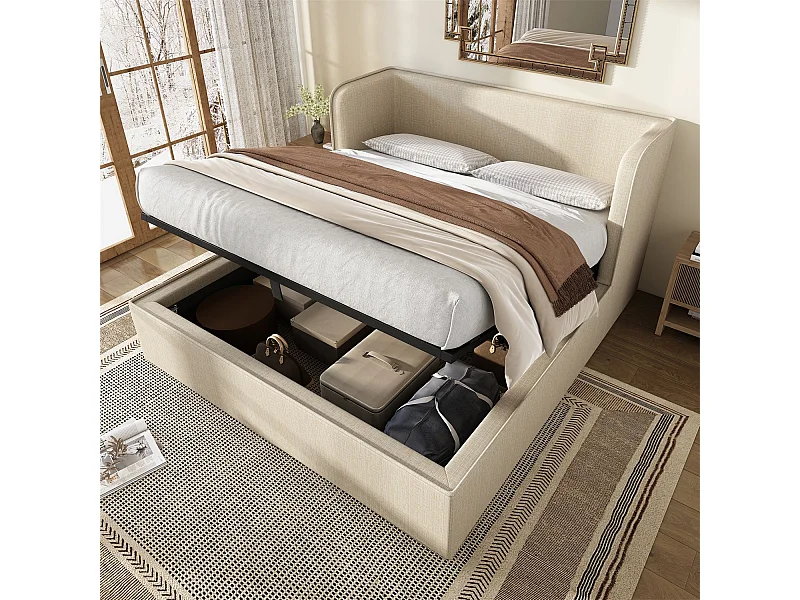Cama de arrumação 180x200 cm, cama estofada, cama de casal com espaço de arrumação hidráulico, linho, bege, sem colchão