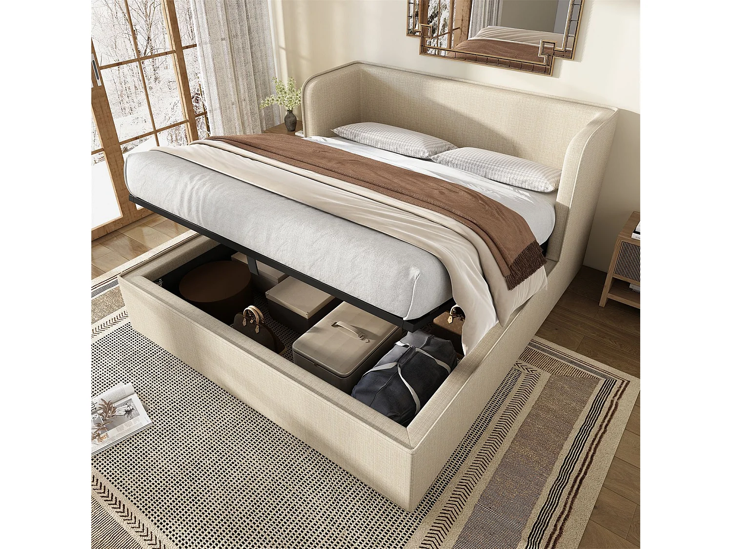 Cama de arrumação 180x200 cm, cama estofada, cama de casal com espaço de arrumação hidráulico, linho, bege, sem colchão