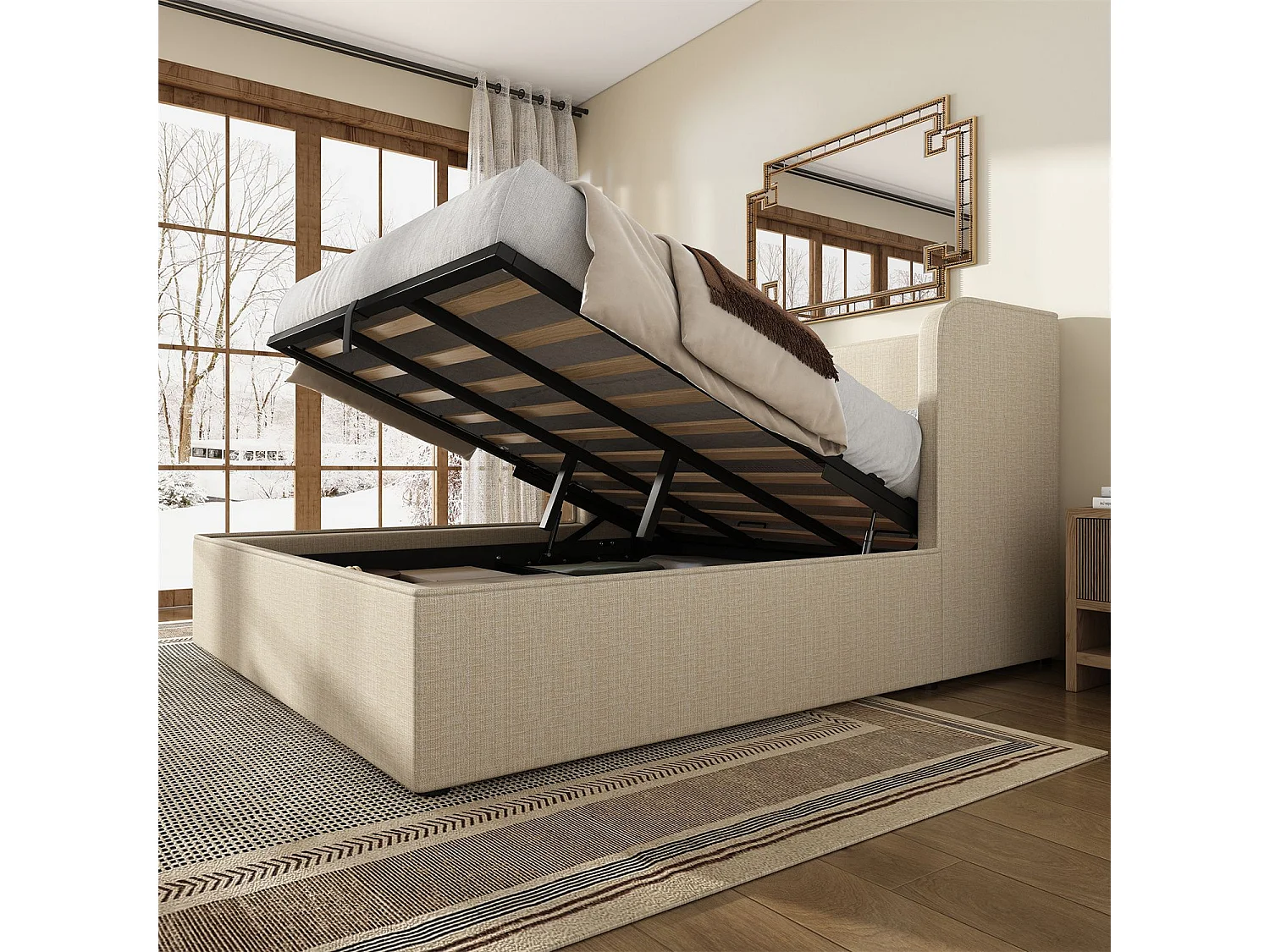 Cama de arrumação 180x200 cm, cama estofada, cama de casal com espaço de arrumação hidráulico, linho, bege, sem colchão