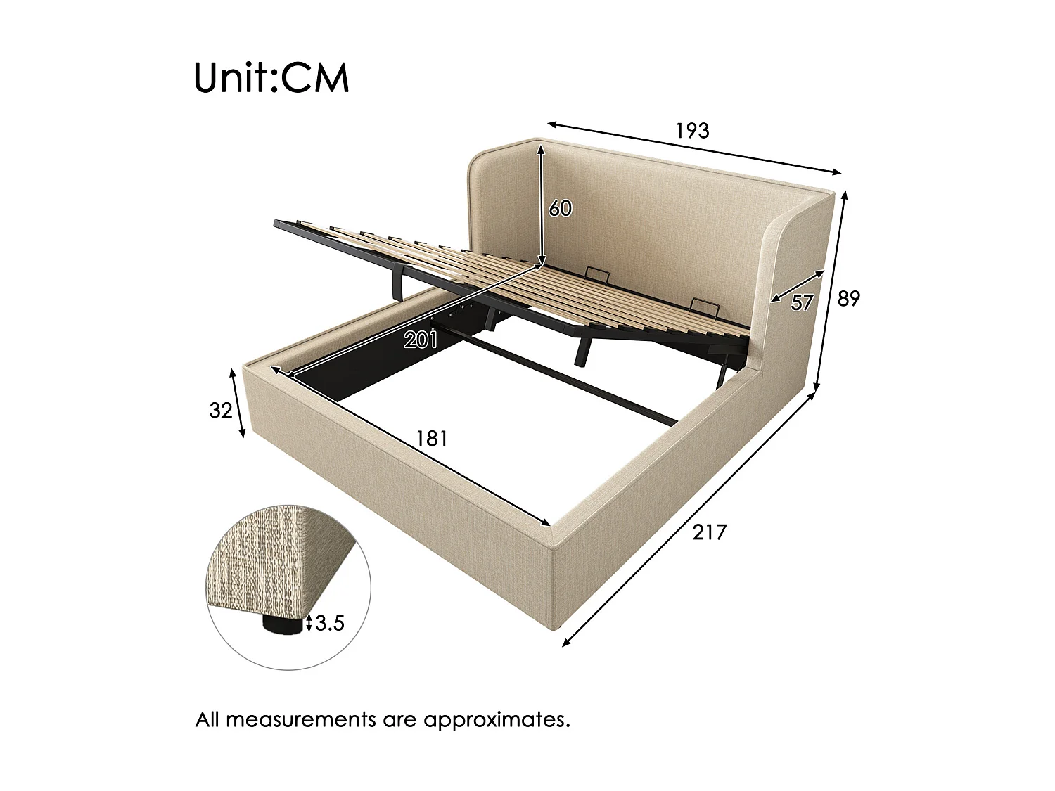 Cama de arrumação 180x200 cm, cama estofada, cama de casal com espaço de arrumação hidráulico, linho, bege, sem colchão