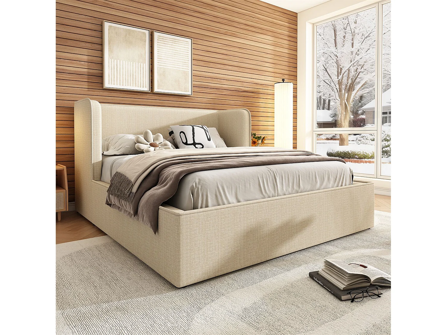 Cama de arrumação 180x200 cm, cama estofada, cama de casal com espaço de arrumação hidráulico, linho, bege, sem colchão