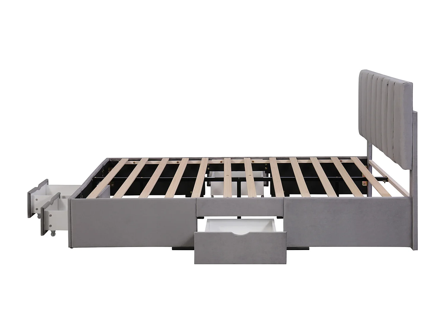 Cama tapizada 160x200 cm, cama de matrimonio con 4 cajones, con respaldo, terciopelo, gris, sin colchón