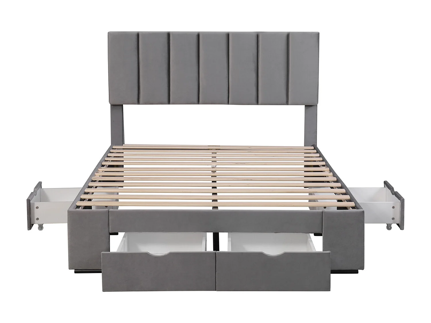 Cama tapizada 140x200 cm, cama de matrimonio con 4 cajones, con respaldo, terciopelo, gris, sin colchón