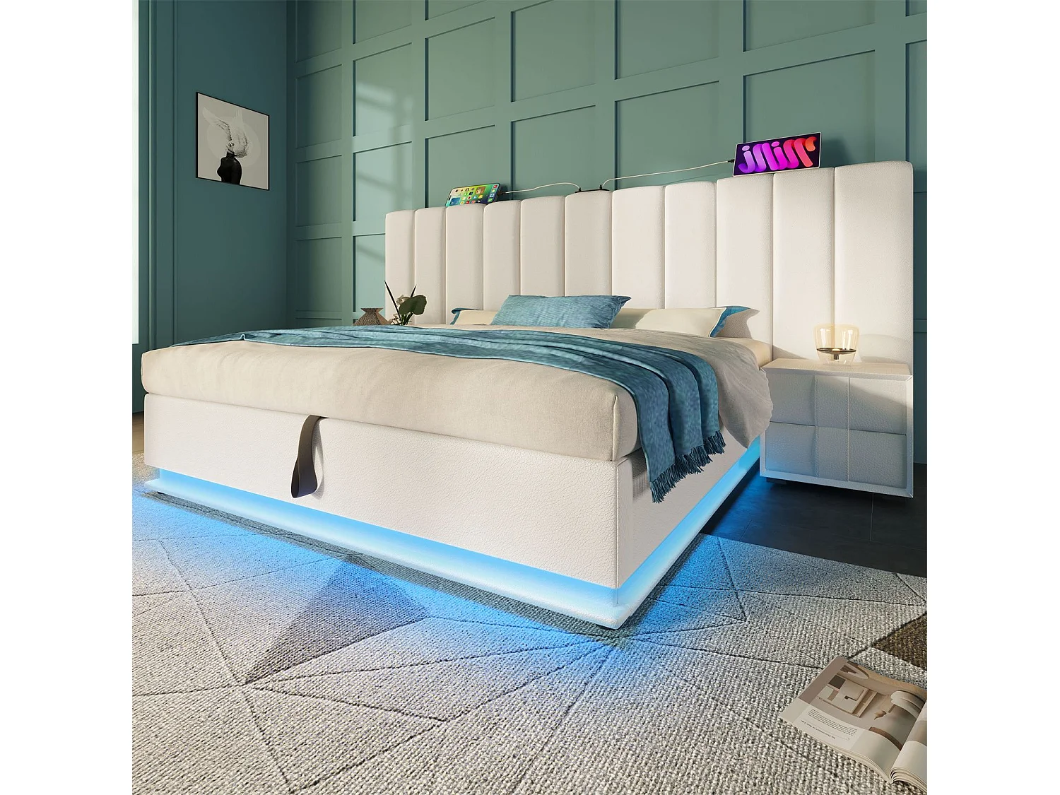 Cama com arrumação 180x200 cm, Cama estofada, cama de casal com arrumação, LED e USB-C, PU, branca, sem colchão