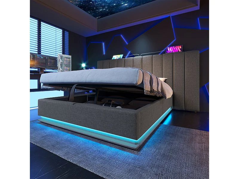 Cama com arrumação 160x200 cm, cama estofada, cama de casal com arrumação, LED e USB-C, linho, cinzento, sem colchão