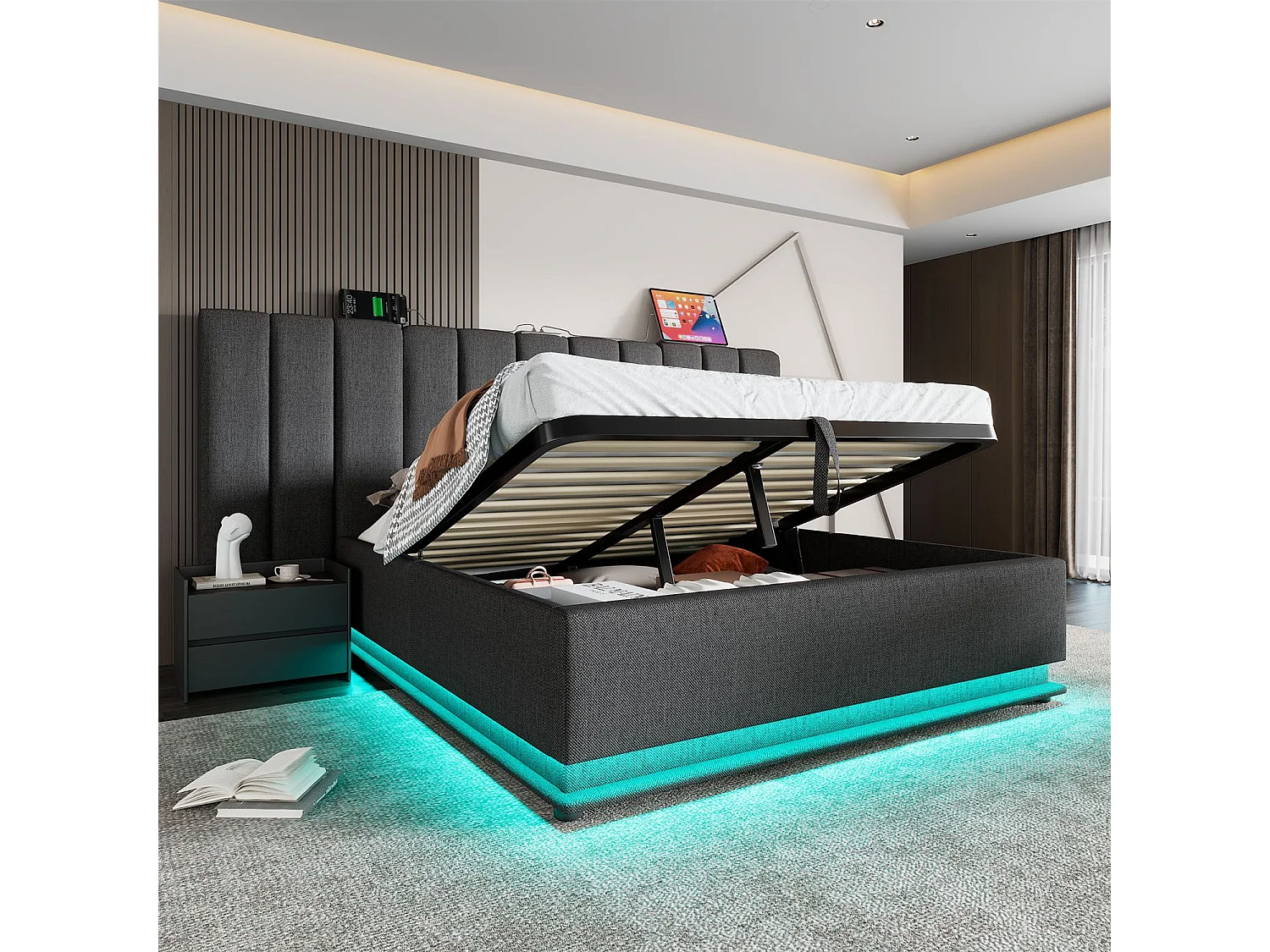 Cama com arrumação 160x200 cm, cama estofada, cama de casal com arrumação, LED e USB-C, linho, cinzento, sem colchão