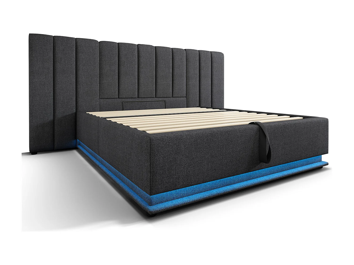 Cama com arrumação 160x200 cm, cama estofada, cama de casal com arrumação, LED e USB-C, linho, cinzento, sem colchão