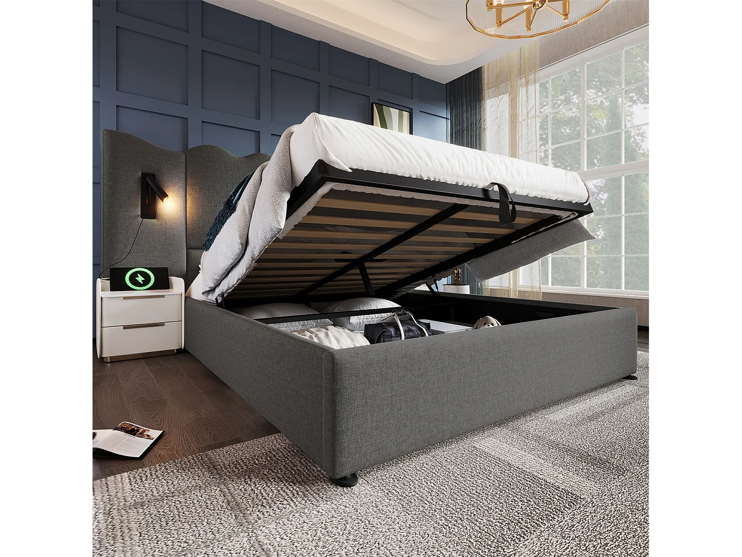 Cama de arrumação 160x200 cm, cama estofada, cama de casal com candeeiro de leitura e USB Tipo C, cinzento, linho, sem colchão
