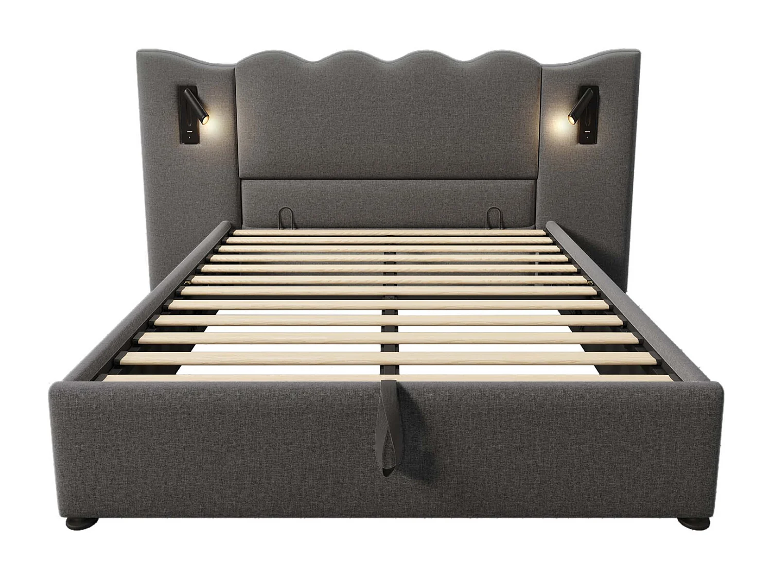 Cama de arrumação 160x200 cm, cama estofada, cama de casal com candeeiro de leitura e USB Tipo C, cinzento, linho, sem colchão