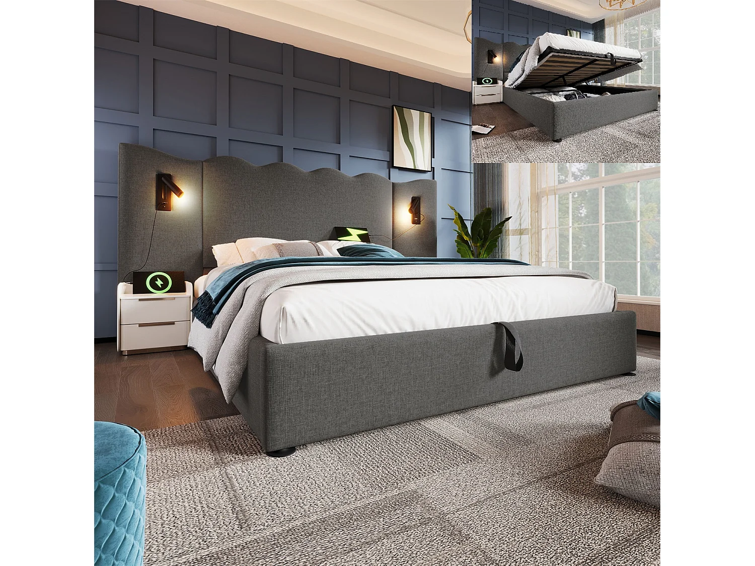 Cama de arrumação 160x200 cm, cama estofada, cama de casal com candeeiro de leitura e USB Tipo C, cinzento, linho, sem colchão