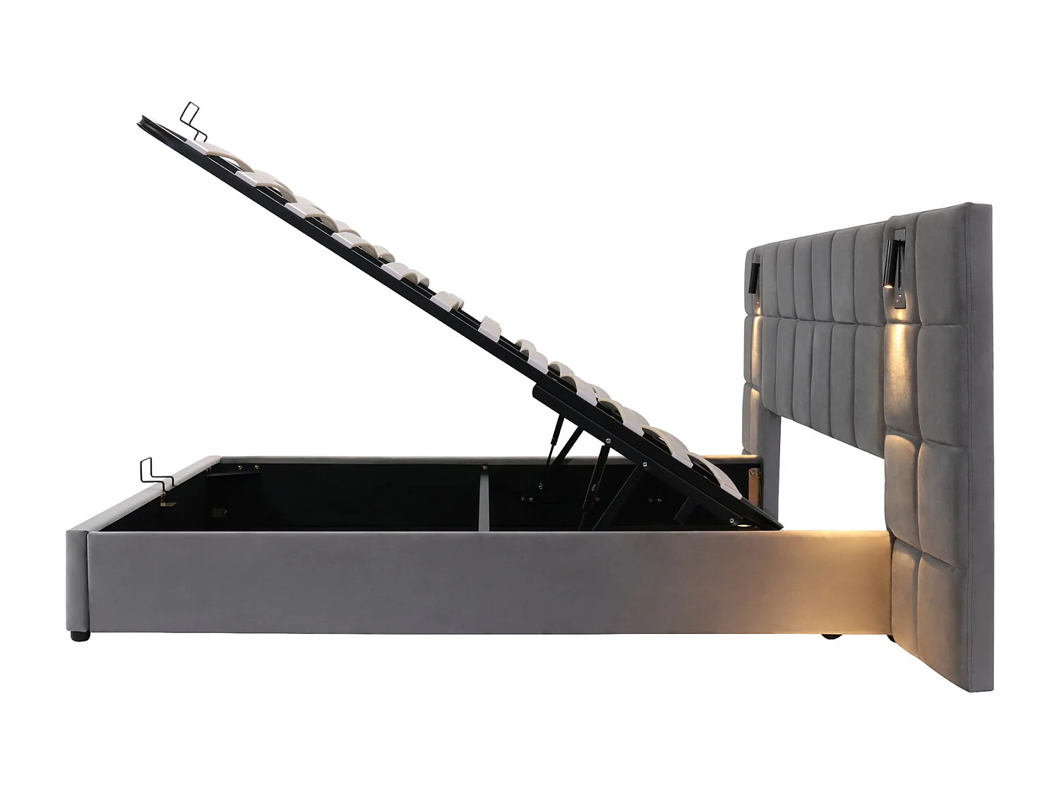 Lit coffre 180×200 cm, lit avec rangement, lampe et charge USB, gris