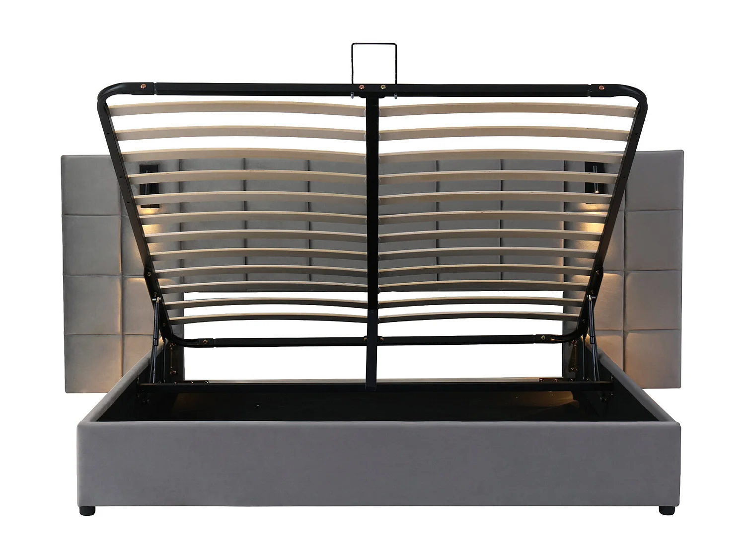 Lit coffre 180×200 cm, lit avec rangement, lampe et charge USB, gris