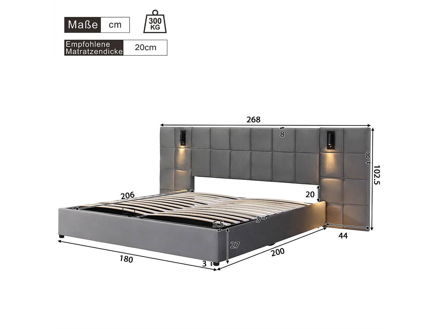 Lit coffre 180×200 cm, lit avec rangement, lampe et charge USB, gris