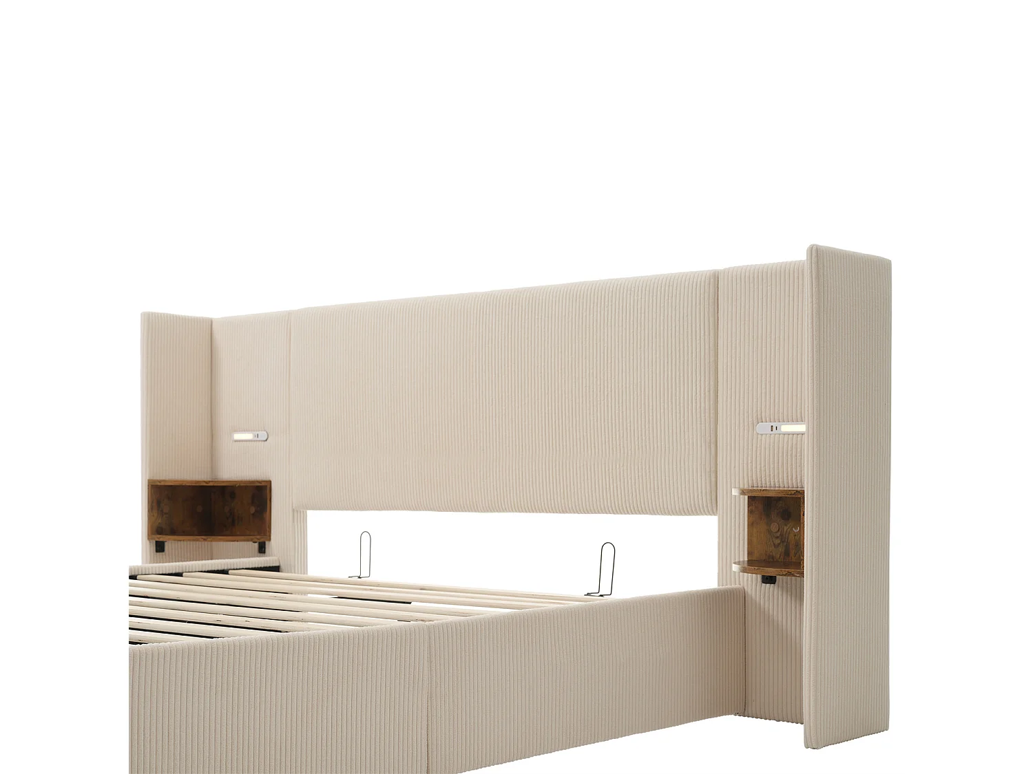 Lit coffre 160×200 cm,Lit rembourré, lit double avec table de nuit, lampe de lecture et USB Type-C, velours côtelé, beige-blanc, sans matelas