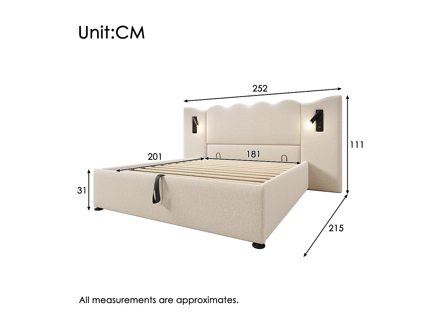 Cama de arrumação 180x200 cm, cama estofada, cama de casal com candeeiro de leitura e USB Tipo C, bege, linho, sem colchão