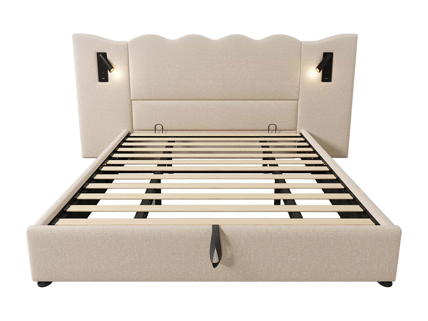 Cama de arrumação 180x200 cm, cama estofada, cama de casal com candeeiro de leitura e USB Tipo C, bege, linho, sem colchão