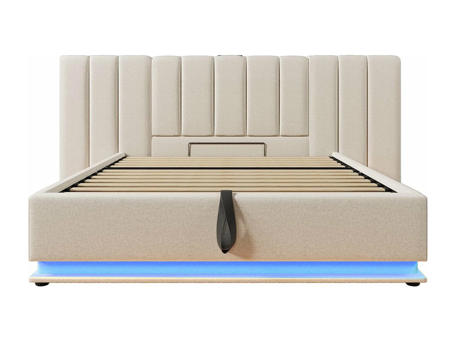 Cama com arrumação 180x200 cm, cama estofada, cama de casal com arrumação, LED e USB-C, linho, bege, sem colchão