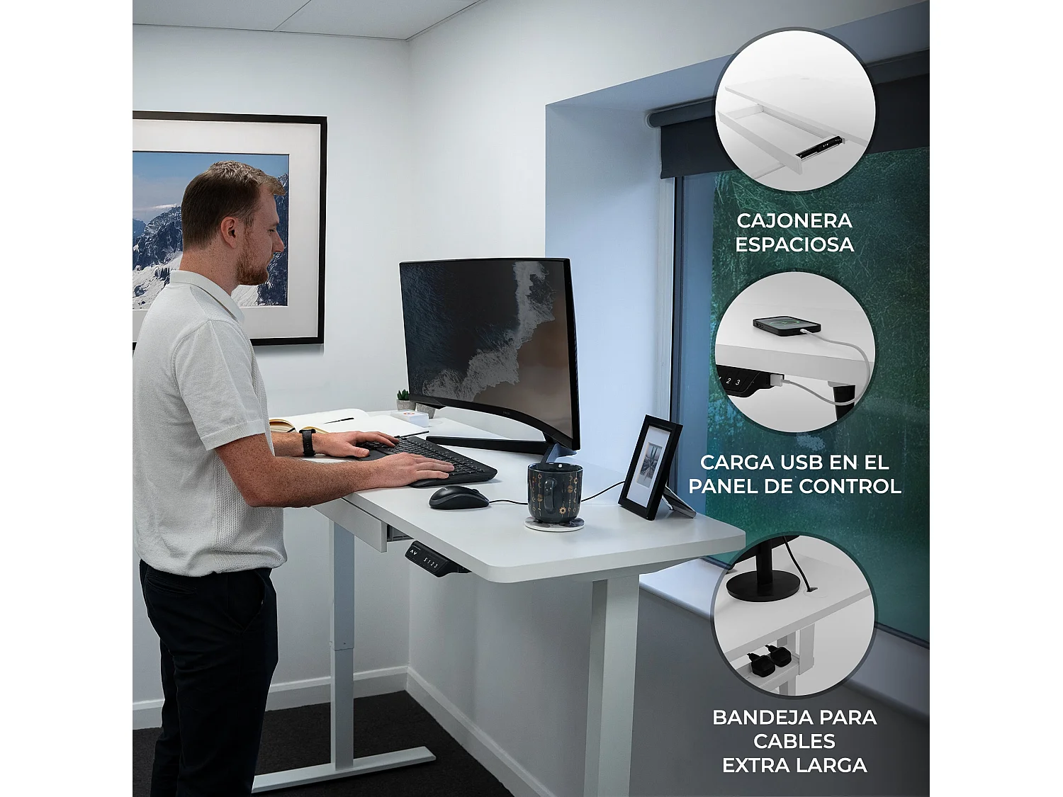 Escritorio Elevable Eléctrico con Cajón - 160cm x 60cm