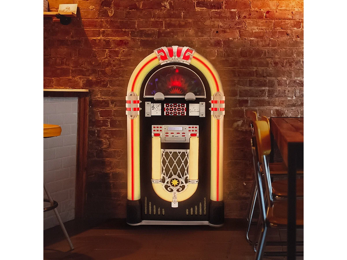 Jukebox Rétro à poser sur le sol MonsterShop Lecteur CD, MP3, Bluetooth, Radio, AUX, Eclairage