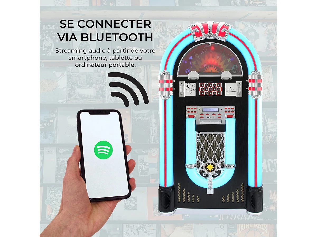 Jukebox Rétro à poser sur le sol MonsterShop Lecteur CD, MP3, Bluetooth, Radio, AUX, Eclairage