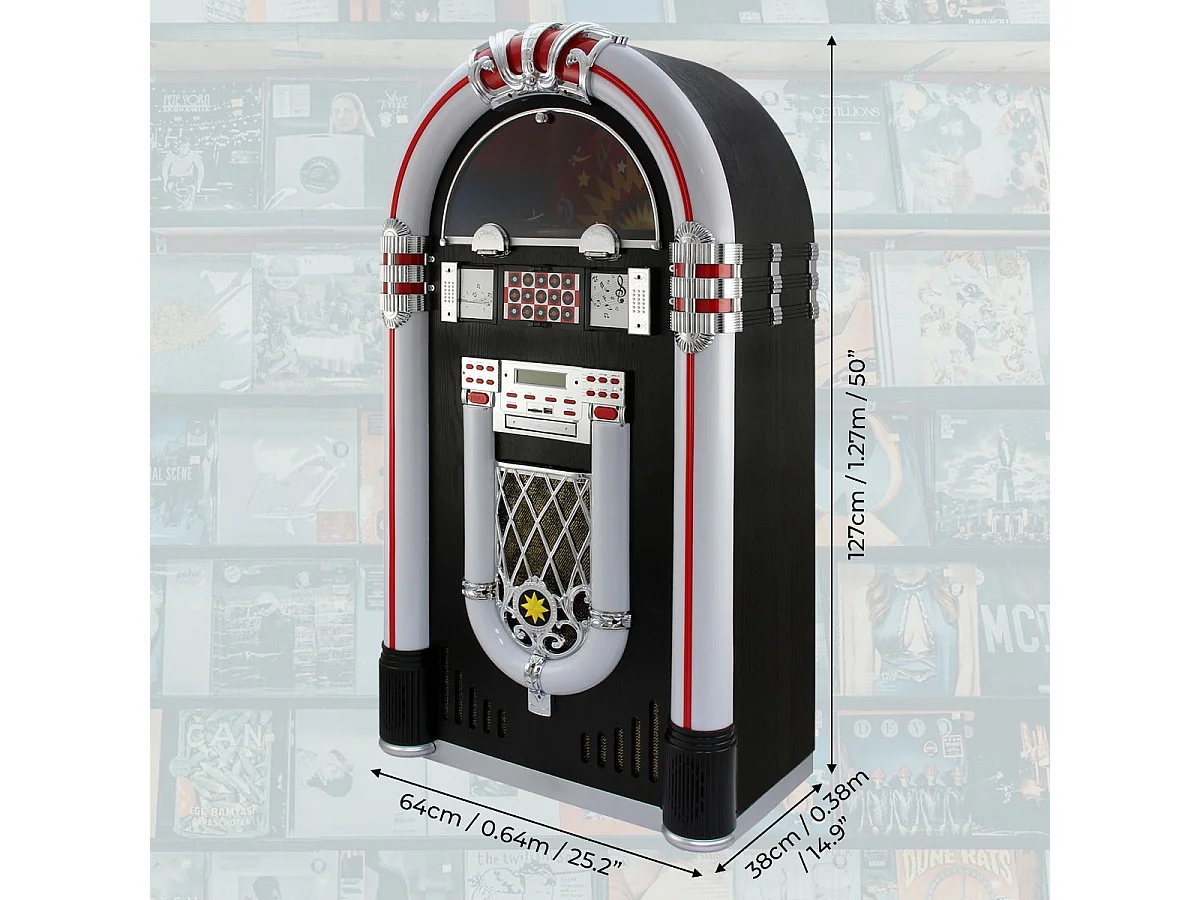 Jukebox Rétro à poser sur le sol MonsterShop Lecteur CD, MP3, Bluetooth, Radio, AUX, Eclairage